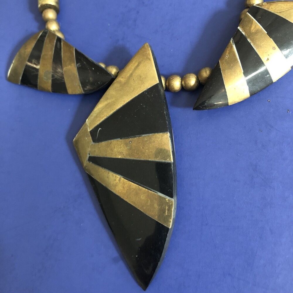 Vintage Ethnic Boho Brass Inlay & Bead Ebony Wood Geometric Statement Necklace